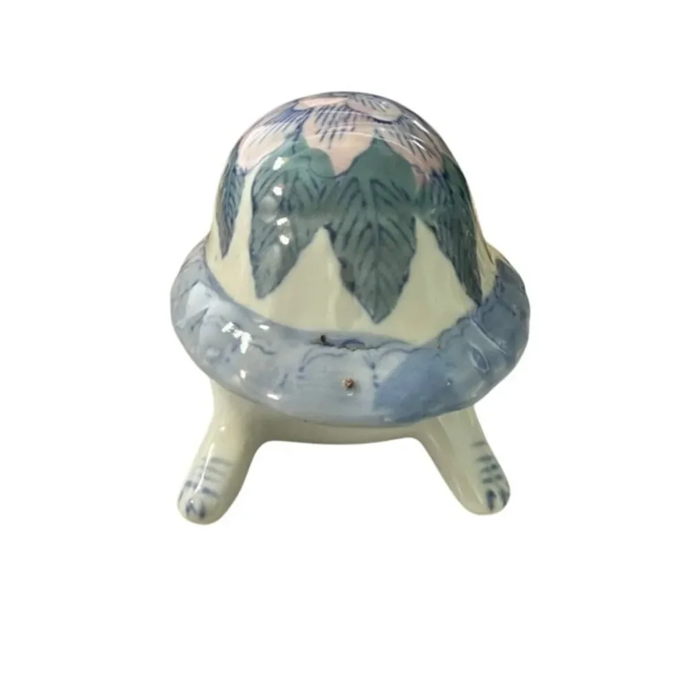 Vintage Ceramic Turtle Trinket Jewelery Box Lidded Pink Blue Flower 6
